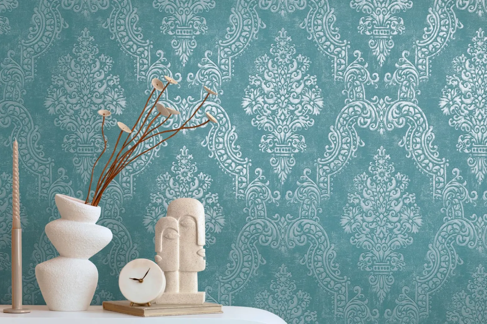 Vliestapete Ornamente Barock Türkis Metallic 39765-4