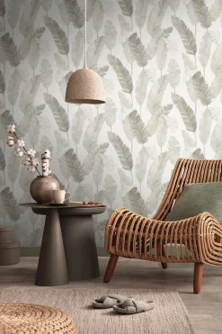 Vliestapete Palmen Blätter Tropen Weiß Beige 39218-5