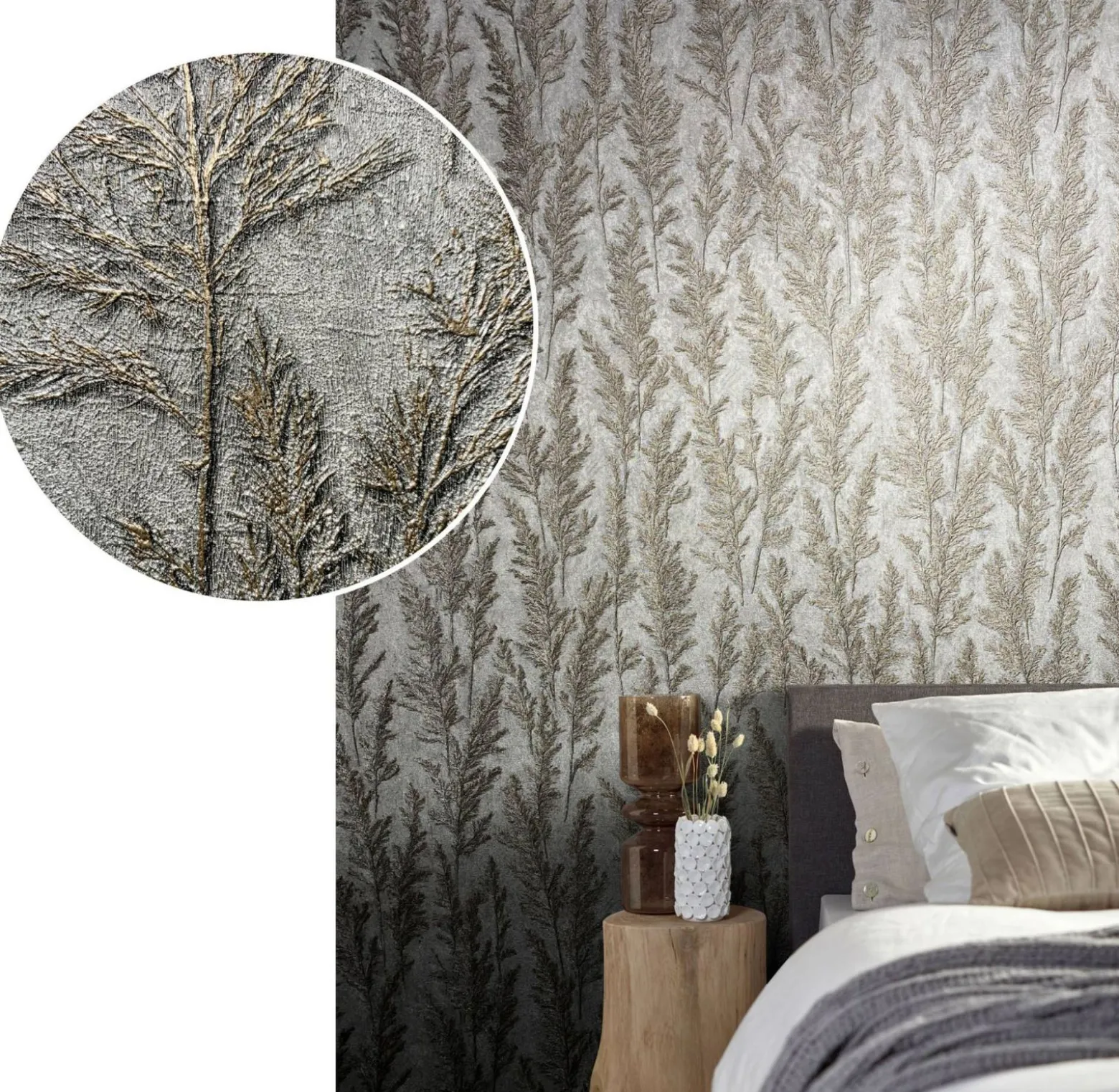 Vliestapete Pflanzen Gräser silber beige metallic 85733