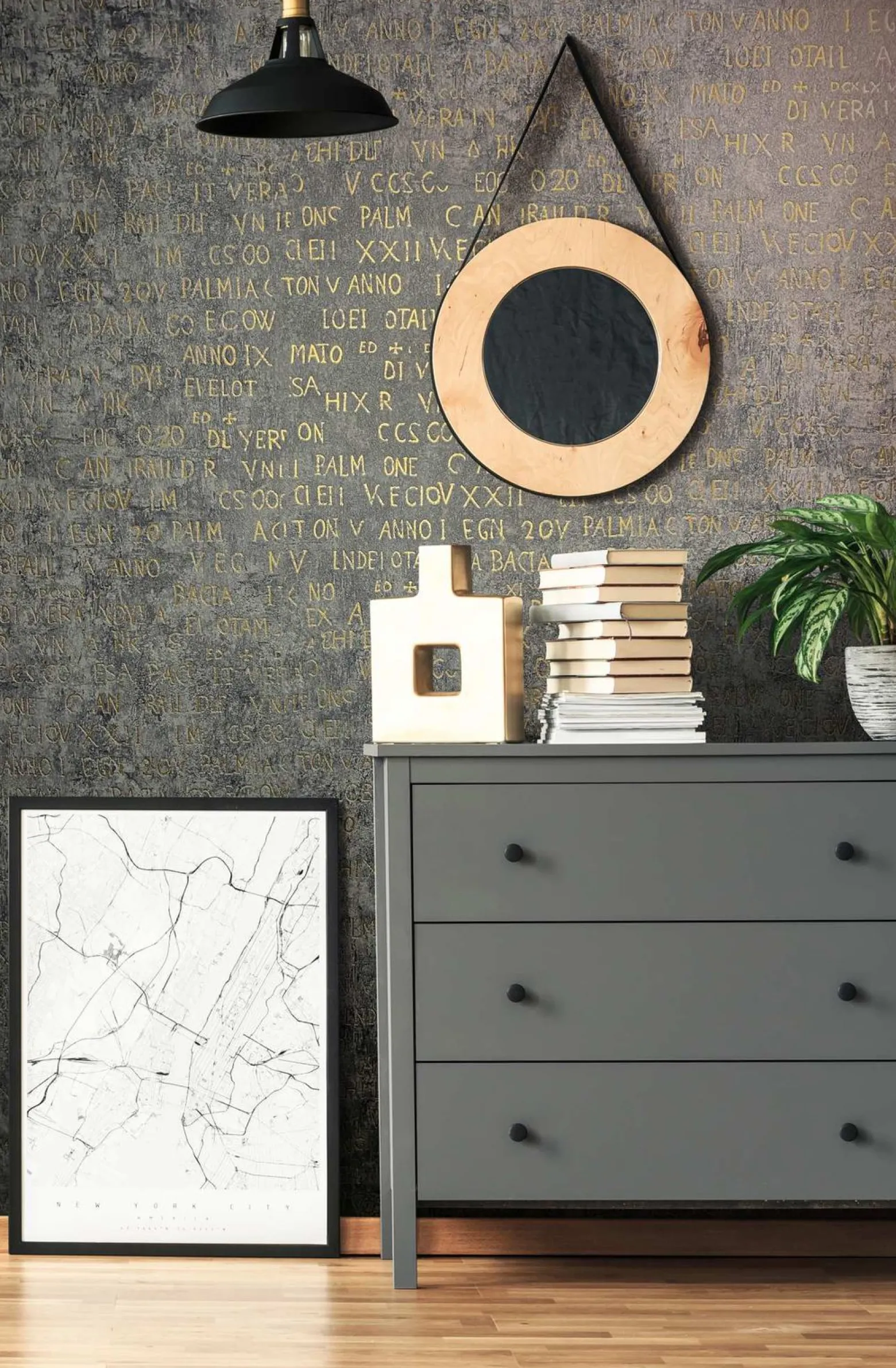 Vliestapete Putz Optik Schrift Grau Gold Metallic 82368