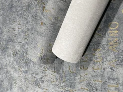 Vliestapete Putz Optik Schrift Grau Gold Metallic 82368