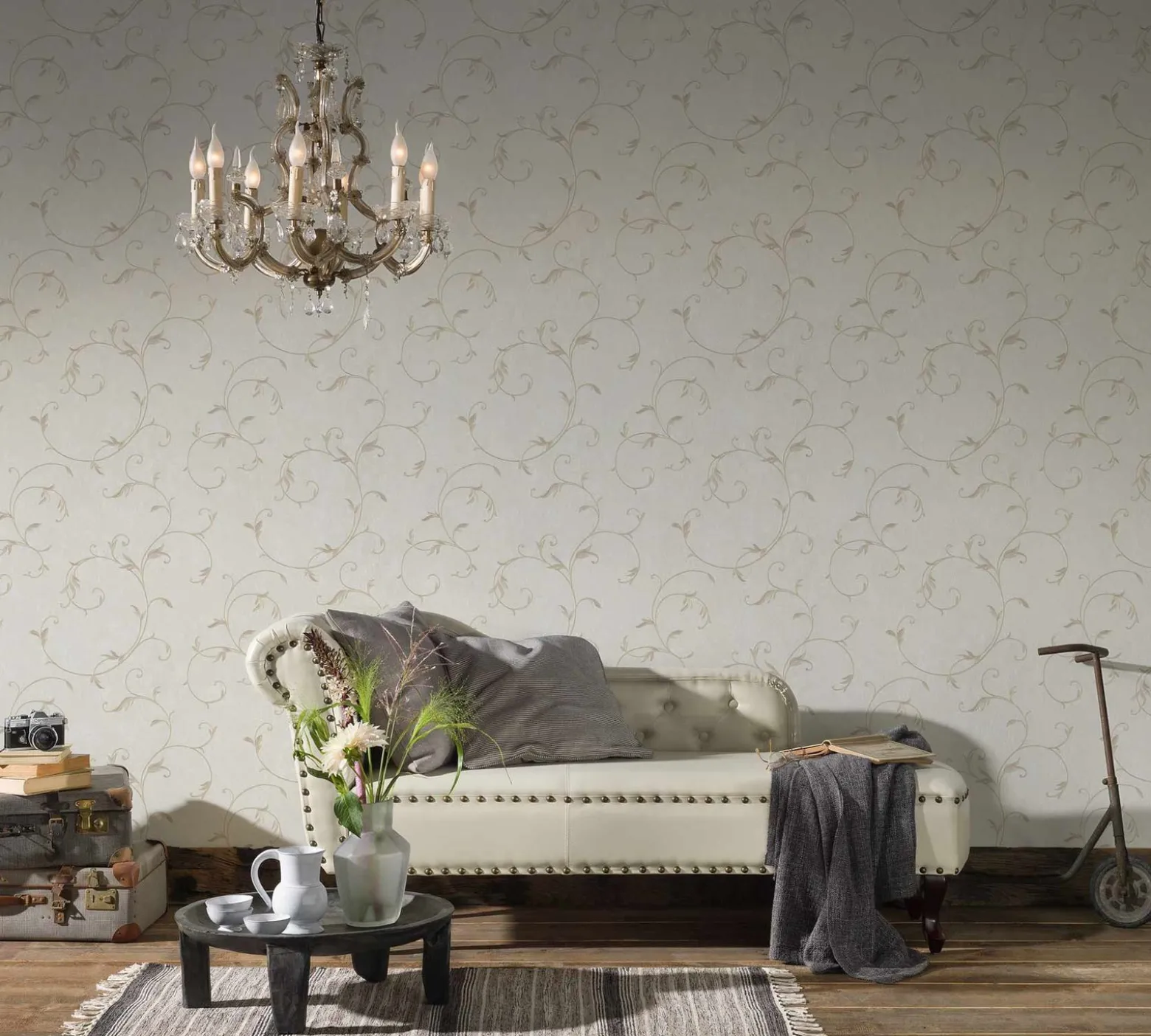 Vliestapete Ranken Barock beige gold Glitzer 30418-2