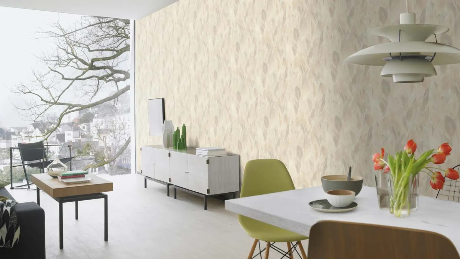 Vliestapete 537338 Rasch Blätter Beige Grau