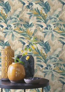 Vliestapete Rasch Blätter Palmen Beige Blau Grün 865202