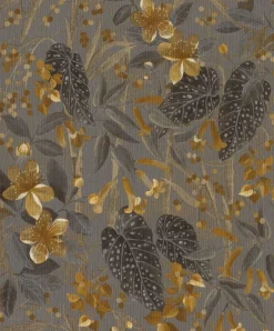 Vliestapete 538229 Rasch Blumen Grau Gelb