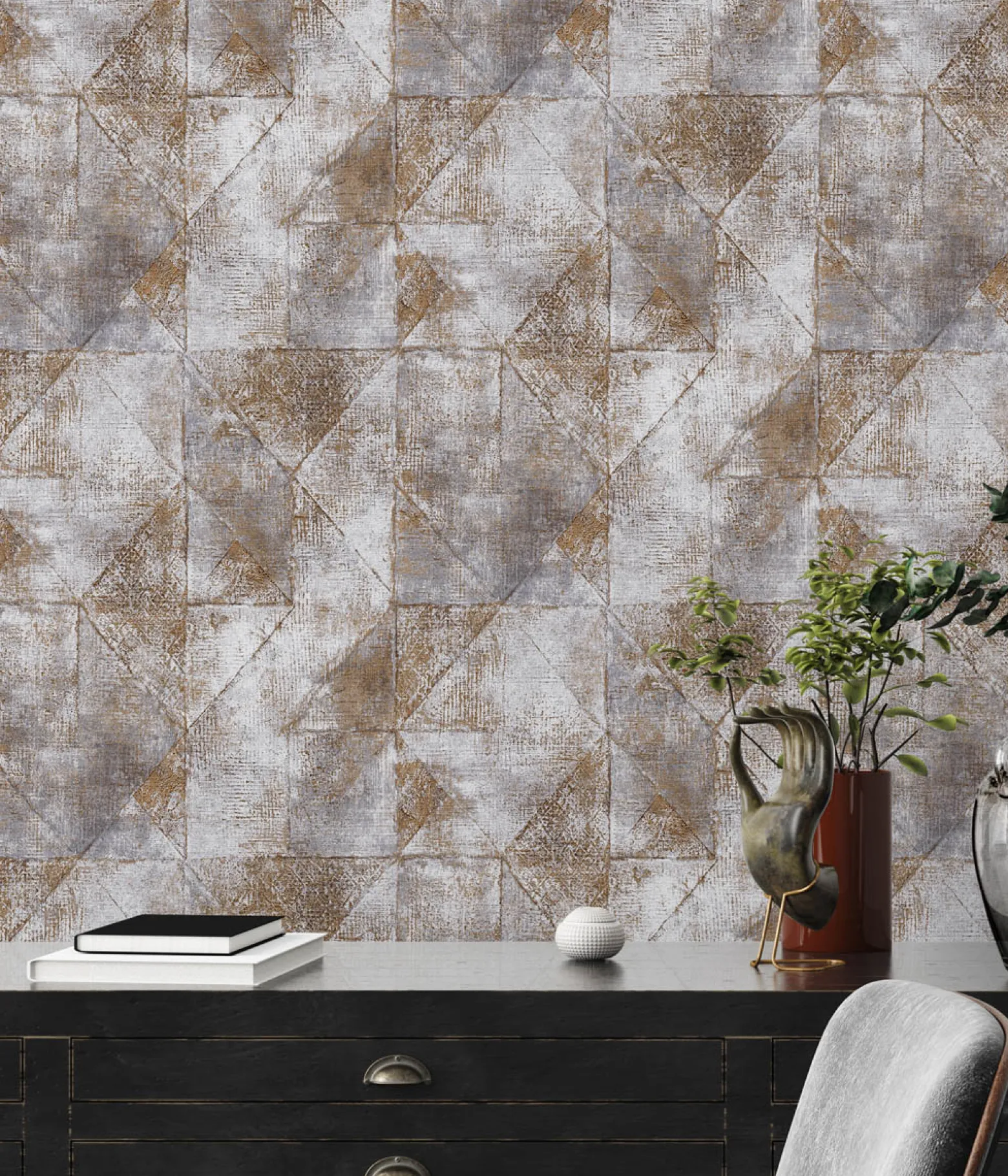 Vliestapete Rauten Muster Grau Gold Metallic 38976-4