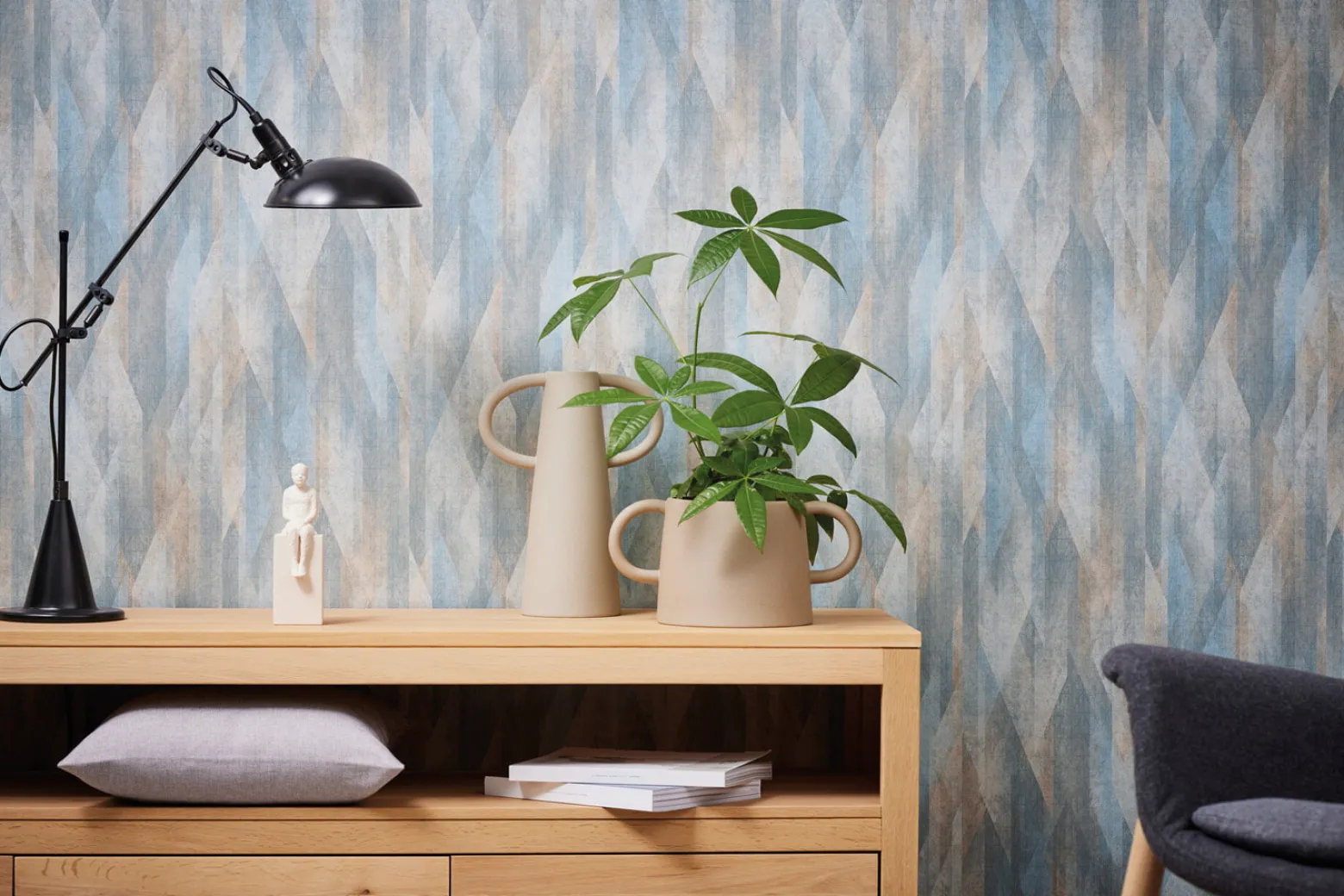 Vliestapete Rauten Streifen Grafik Blau Beige 39104-1
