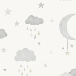 Vliestapete Sterne Mond Wolken Creme Beige Grau JS2211