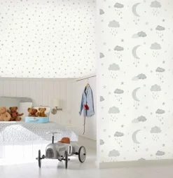 Vliestapete Sterne Mond Wolken Creme Beige Grau JS2211