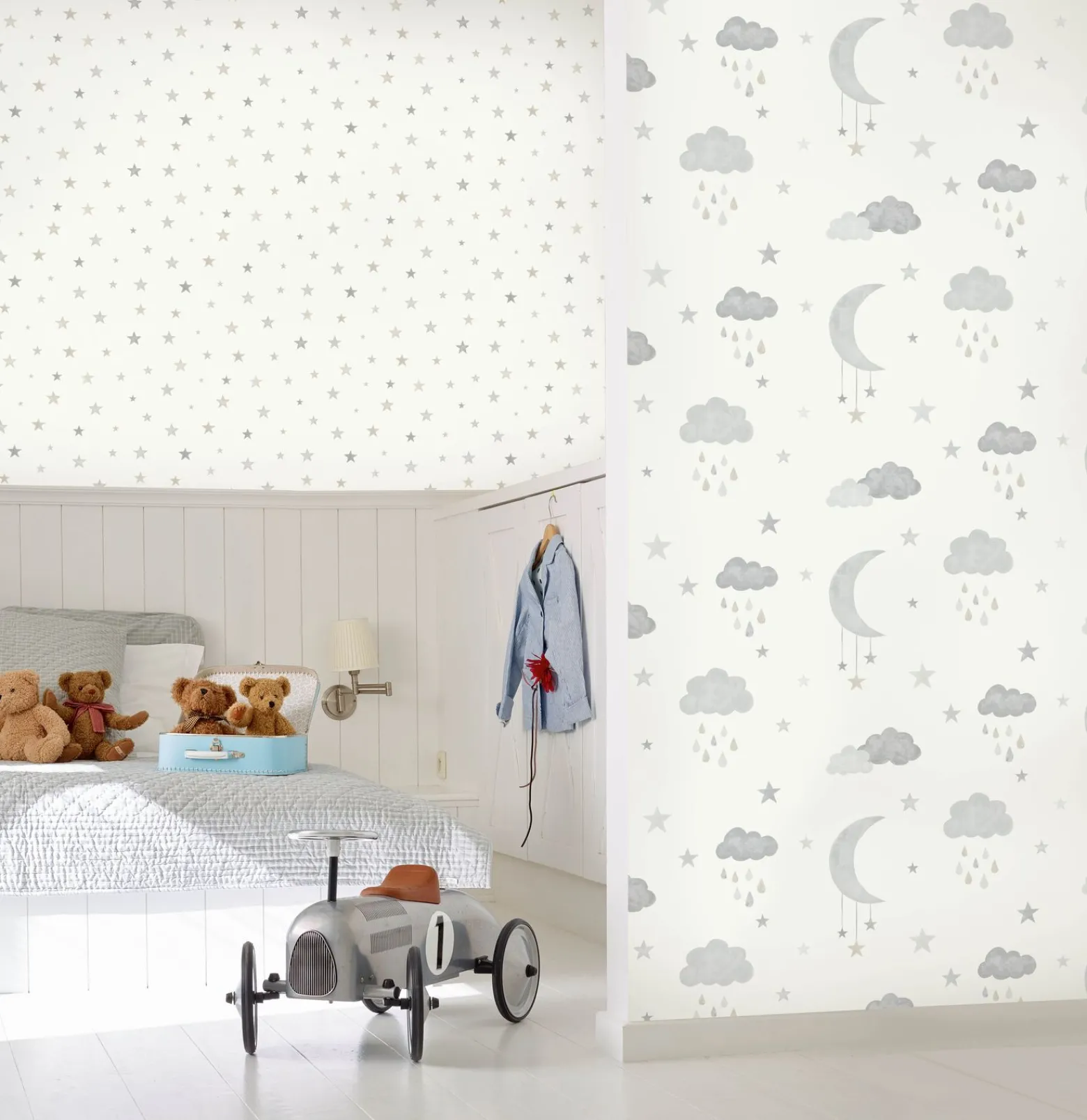 Vliestapete Sterne Mond Wolken Creme Beige Grau JS2211