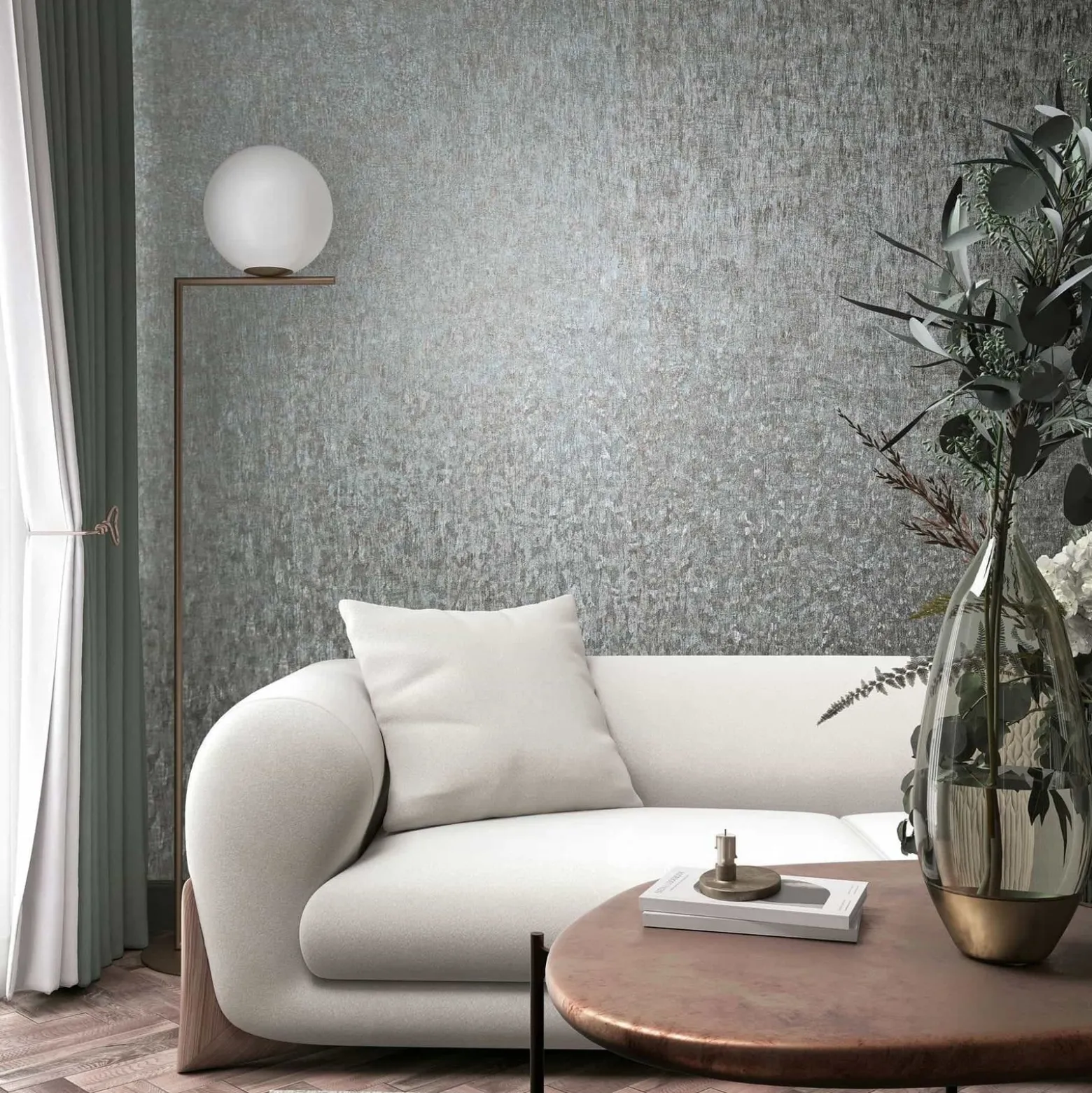 Vliestapete Struktur Uni Shabby Blau Kupfer Metallic 35526