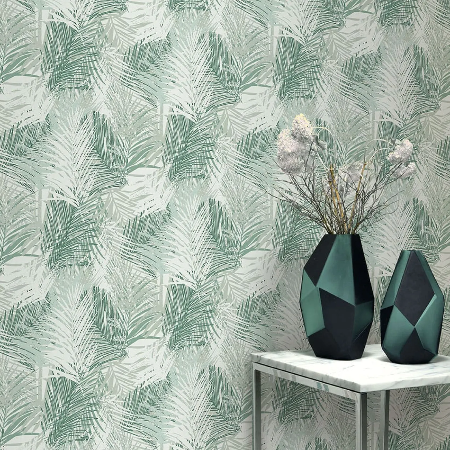 Vliestapete Tropen Blätter Grün Weiß Metallic 10350-07