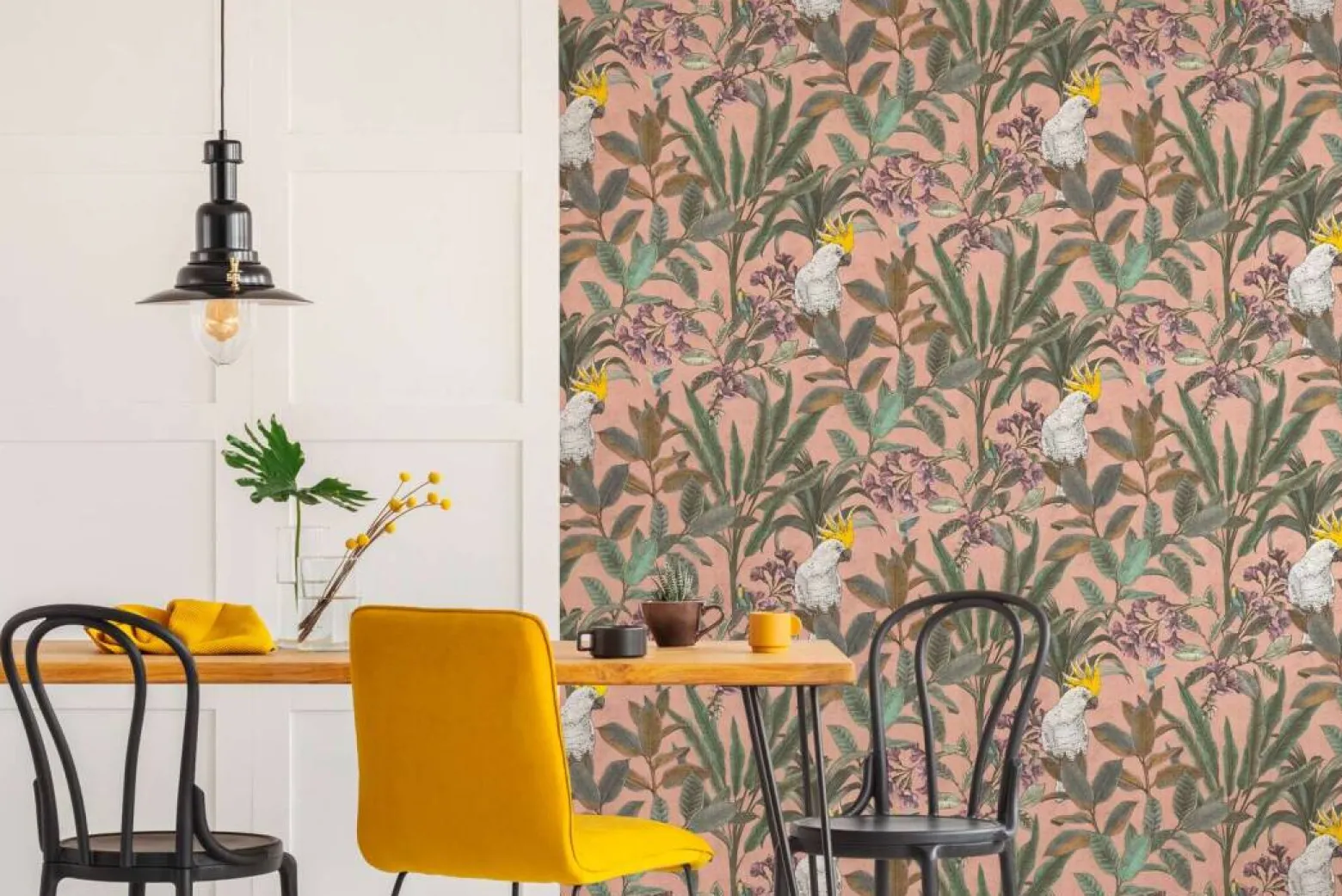 Vliestapete Tropisch Blätter Rosa Beige Grün 39748-1