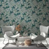 Vliestapete Tropisch Blätter Blau Beige 38663-1