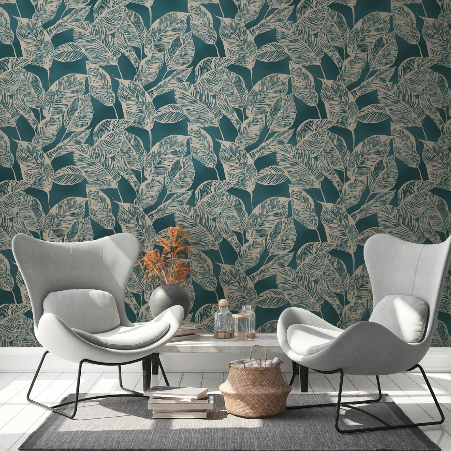 Vliestapete Tropisch Blätter Blau Beige 38663-1