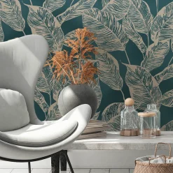 Vliestapete Tropisch Blätter Blau Beige 38663-1
