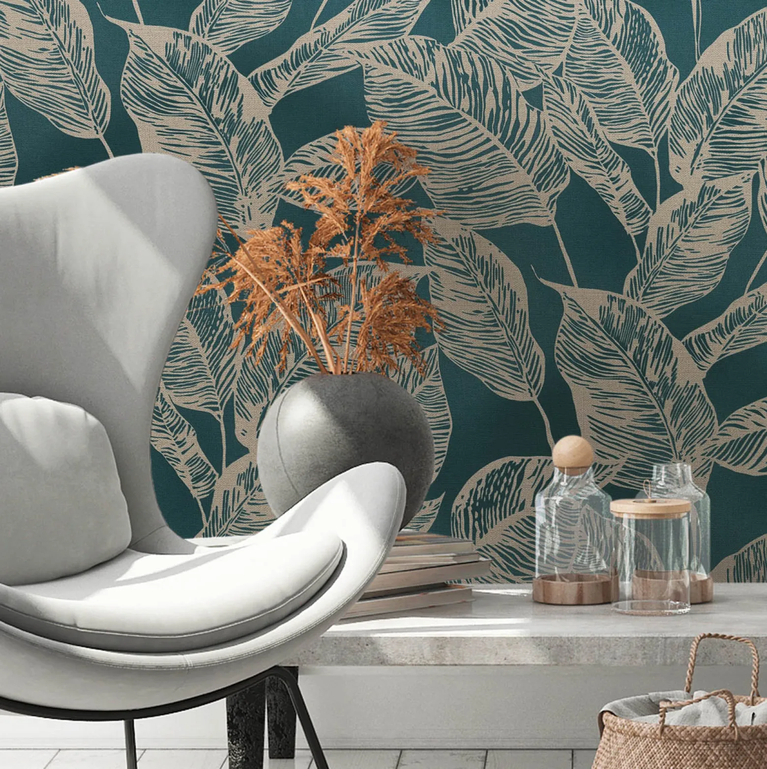 Vliestapete Tropisch Blätter Blau Beige 38663-1