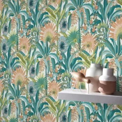 Vliestapete Tropisch Floral Creme Türkis Orange 10390-18