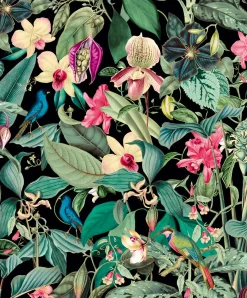 Vliestapete Tropisch Floral Schwarz Grün Rosa 81685
