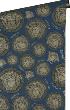 Vliestapete Versace Perlbeige Blau Logo 38611-3