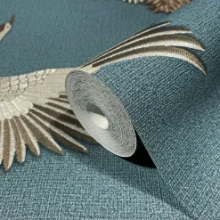 Vliestapete Vögel Textil Optik Blau Kupfer Metallic 34531