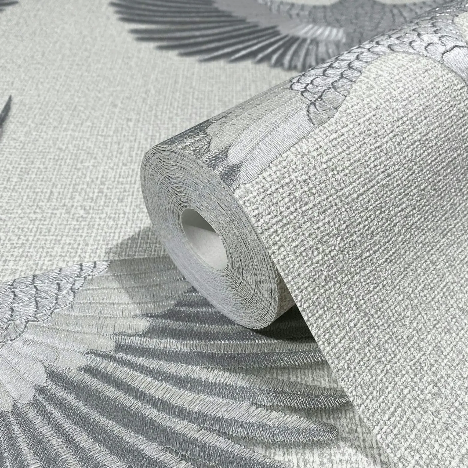 Vliestapete Vögel Textil Optik Grau Silber Metallic 34530