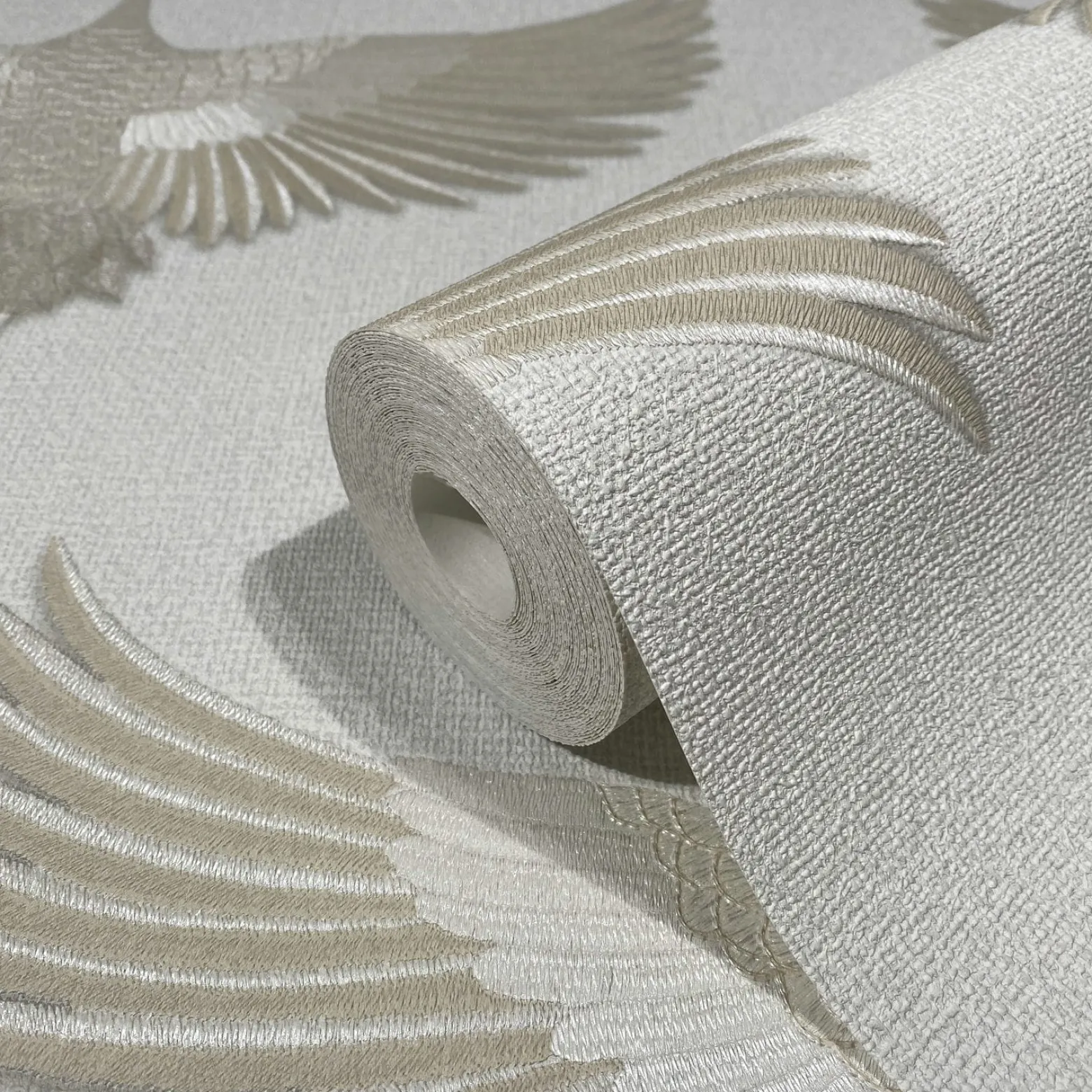Vliestapete Vögel Textil Optik Weiß Beige Metallic 34529