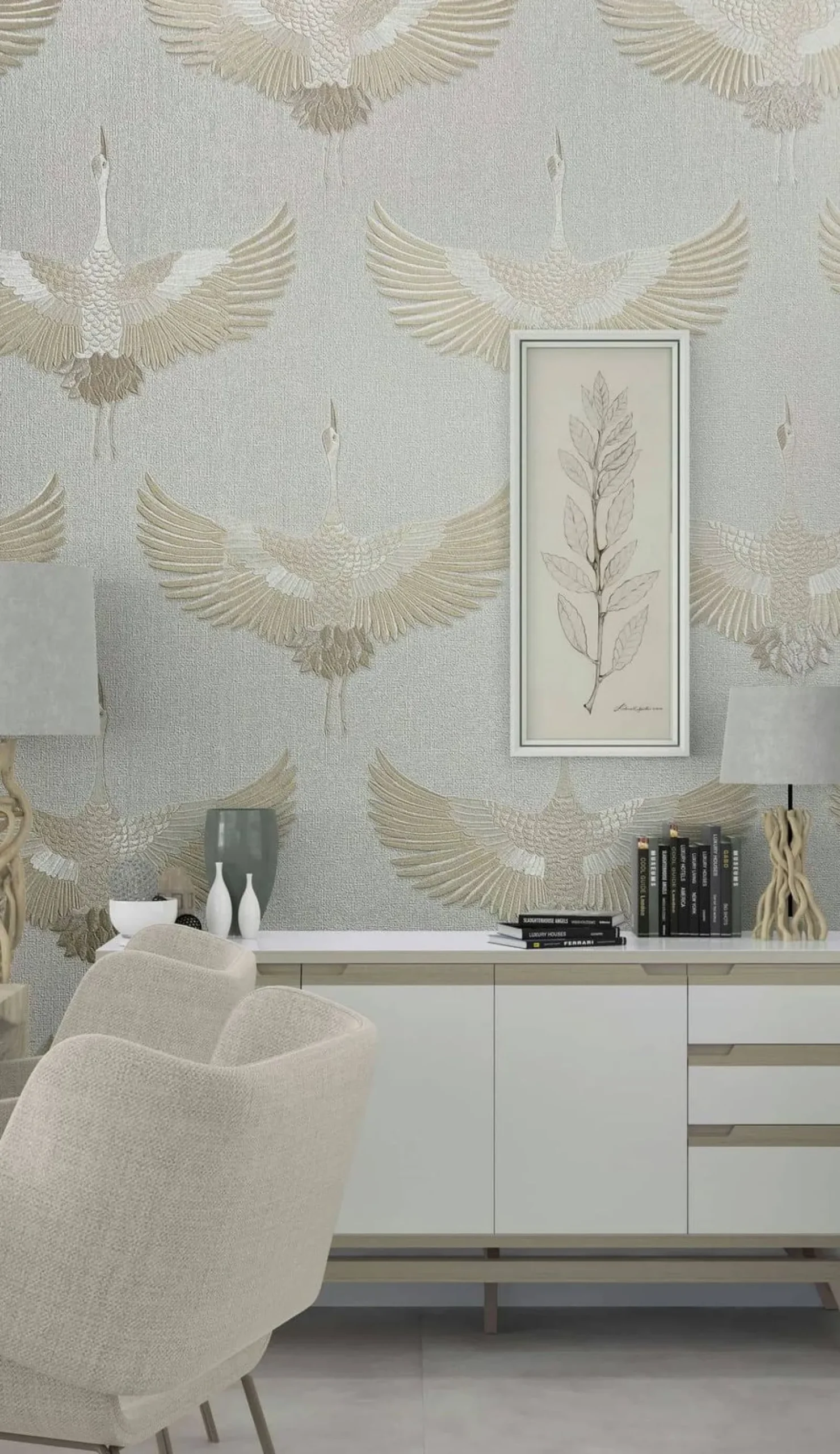 Vliestapete Vögel Textil Optik Weiß Beige Metallic 34529