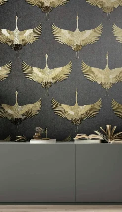 Vliestapete Vögel Textil Optik Schwarz Gold Metallic 34532