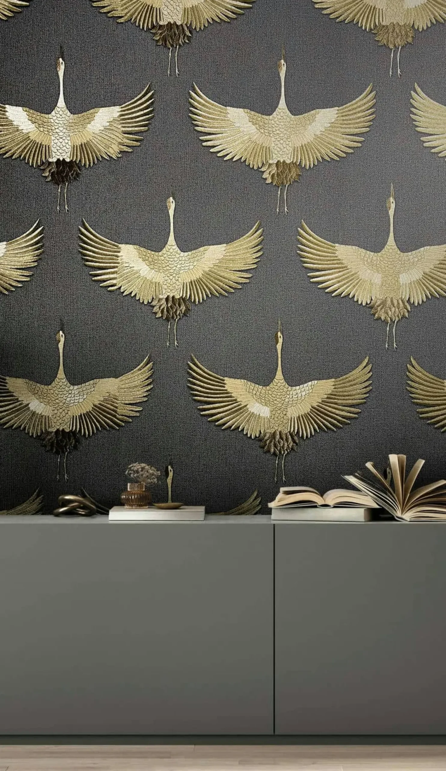 Vliestapete Vögel Textil Optik Schwarz Gold Metallic 34532