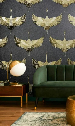 Vliestapete Vögel Textil Optik Schwarz Gold Metallic 34532