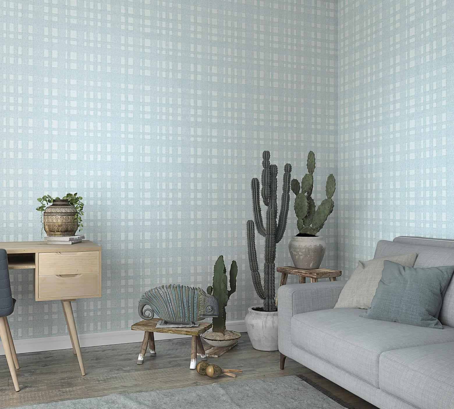 Vliestapete Vierecke Karo blau grün beige 32661