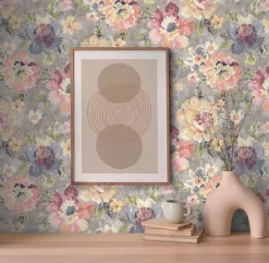 Vliestapete Vintage Blumen Aquarell Grau Rosa 39607-2