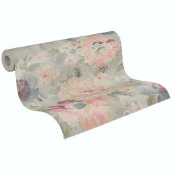Vliestapete Vintage Blumen Aquarell Grau Rosa 39607-2