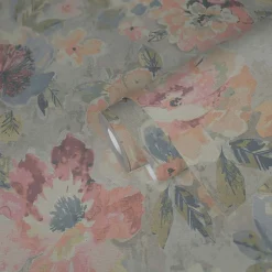 Vliestapete Vintage Blumen Aquarell Grau Rosa 39607-2