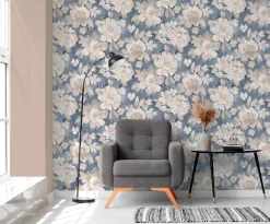 Vliestapete Vintage Blumen Aquarell Blau Beige 39607-1
