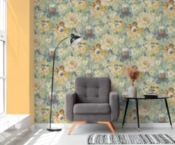 Vliestapete Vintage Blumen Aquarell Grün Gelb 39607-3