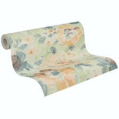 Vliestapete Vintage Blumen Aquarell Grün Gelb 39607-3