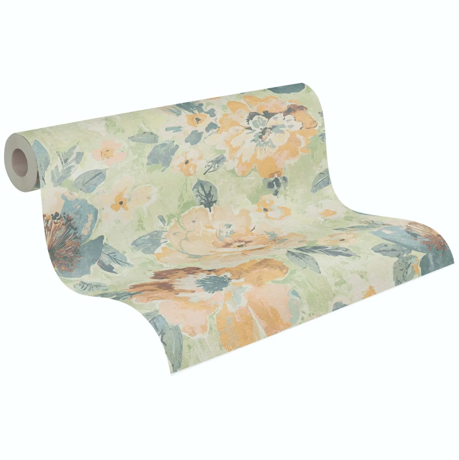 Vliestapete Vintage Blumen Aquarell Grün Gelb 39607-3