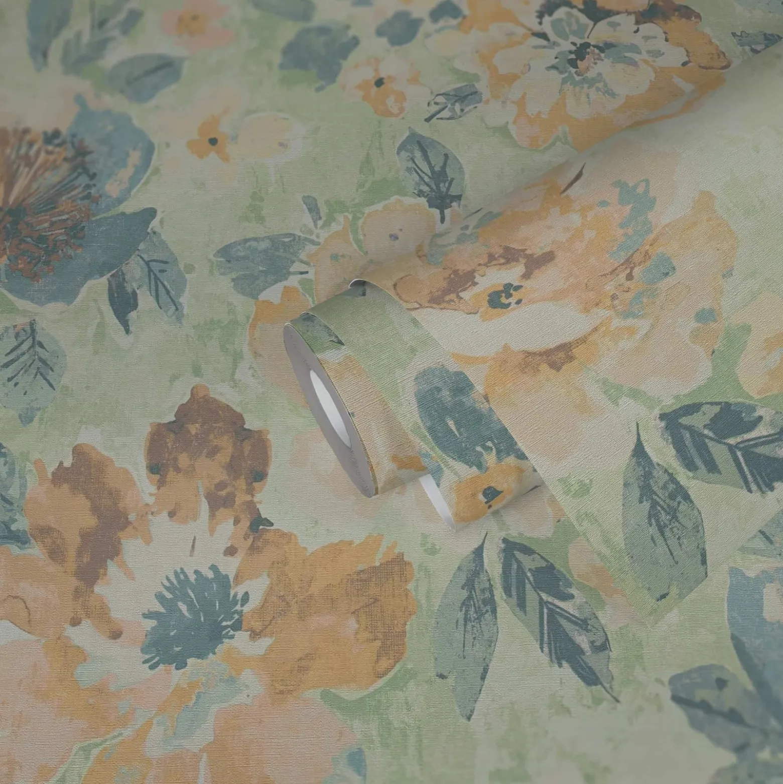 Vliestapete Vintage Blumen Aquarell Grün Gelb 39607-3