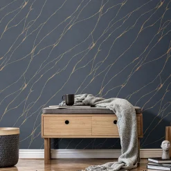 Vliestapete Wellen Maserung Blau Gold Metallic 10440-08