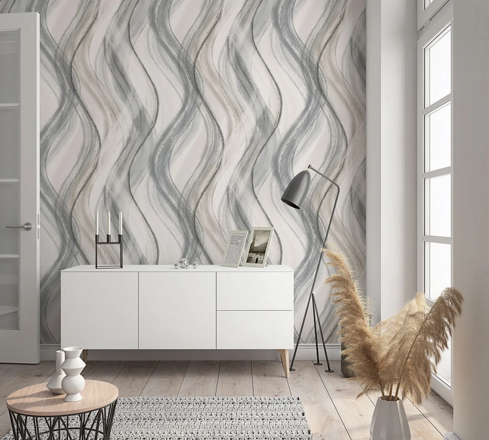 Vliestapete Wellen-Muster grau beige schwarz 32446