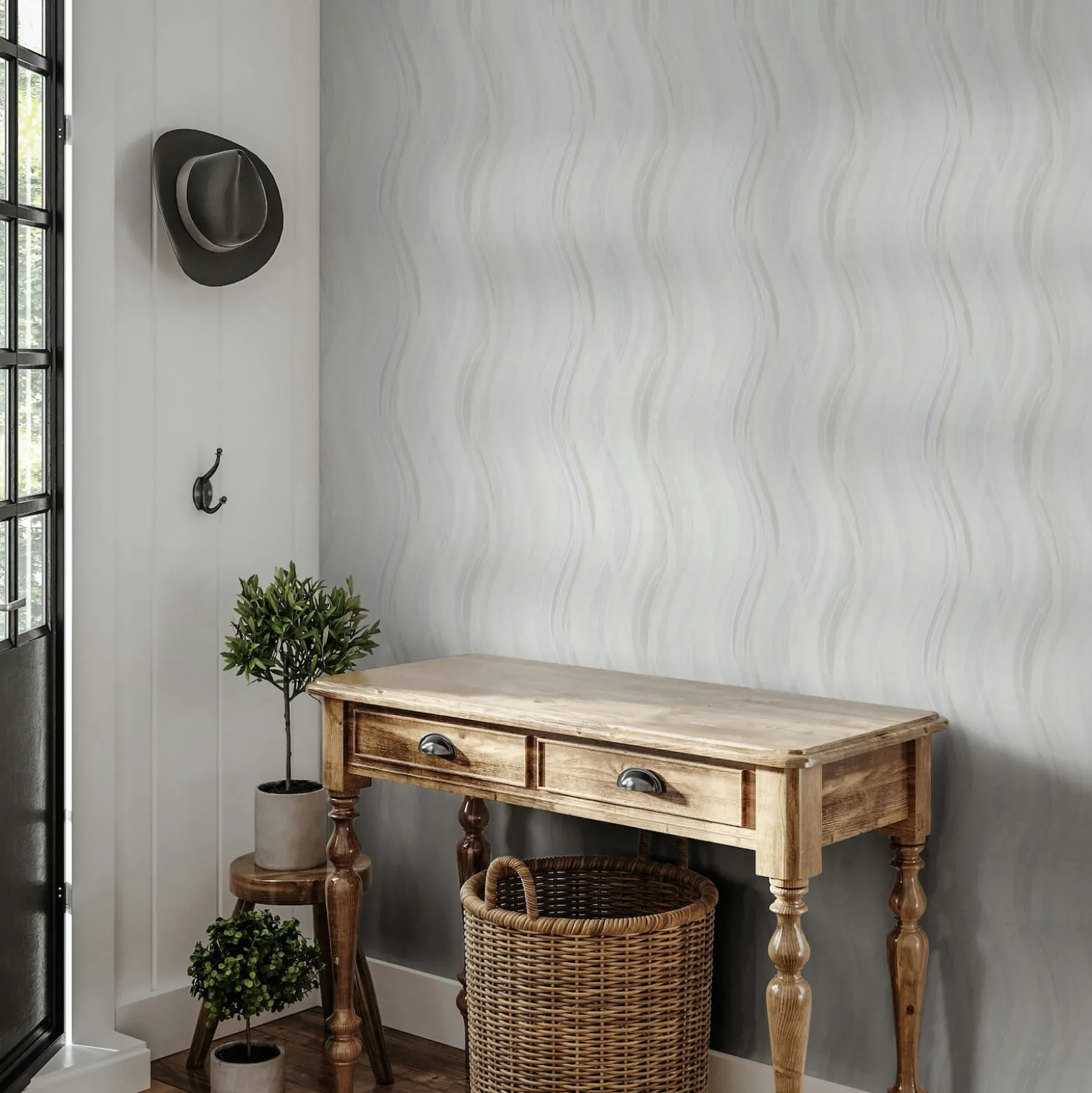 Vliestapete Wellen Muster Streifen Creme Grau Blau 82554
