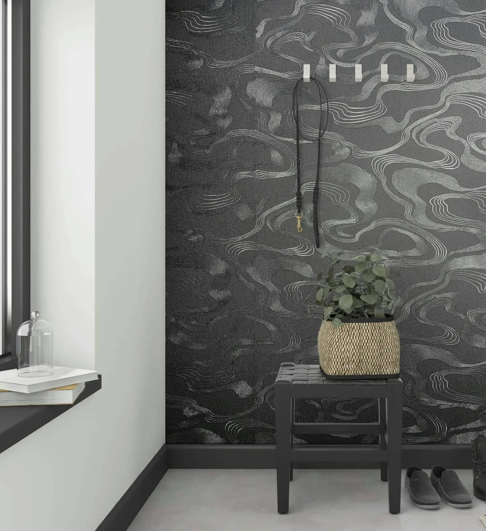 Vliestapete Wellen Textil Optik Schwarz Metallic 34537
